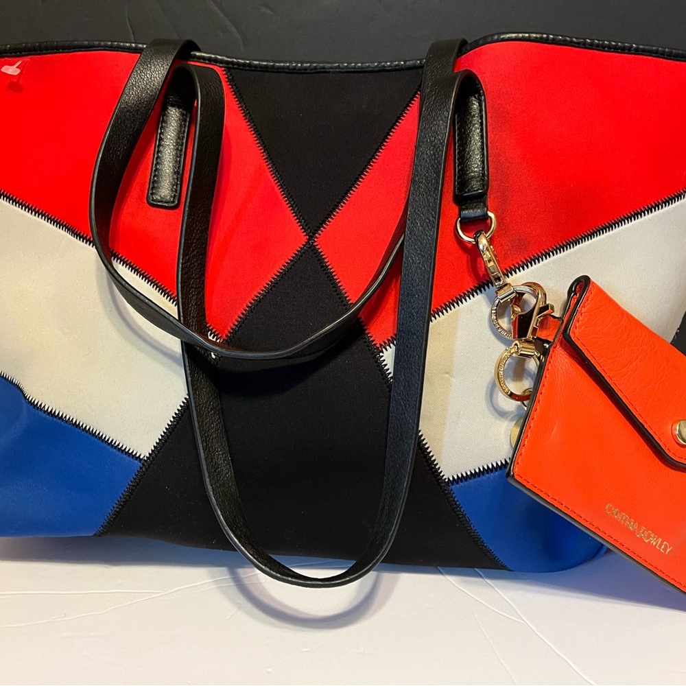 Cynthia Rowley Neoprene/Leather Tote Shoulder Bag Color Block Blue Black Red